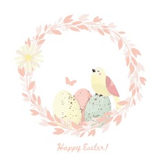 Easter wreath with flowers and eggs. Greeting card. The symbol of spring. Vector illustration.