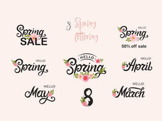 Hello Spring set. Hello Spring typography vector design for greeting cards and poster. Hand lettering text isolated on pink background. Design template celebration. Vector illustration.