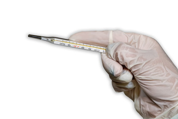 Flu concept with hand with protective glove holds thermometer against white background. Female...