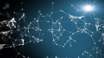 Technology network and communication with line and dot moving with transfer information data line and dot on blue background. Network background science concept.