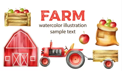 Meubelstickers Boerderij Aquarel boerderij voertuigen en gebouwen set. Koe, tractor met sleep, appels in houten kist, rode boerderij en hooiberg