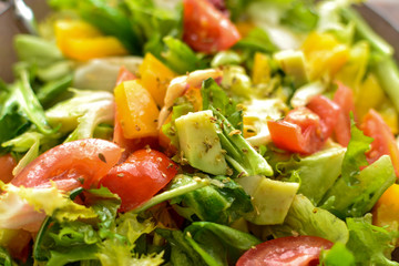 Healthy vegan food. Useful vegetable salad dressing, tomatoes, bell peppers, avocado. Close-up. Vegetarianism and veganism.