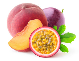 Isolated peach and maracuya. Cut passion fruit and sliced peach isolated on white background with...