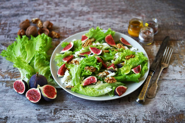 Healthy salad with figs and curd cheese. Keto diet. Keto salad.