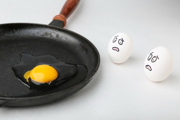 conceptual photo of a fright. frightened eggs are looking at the pan