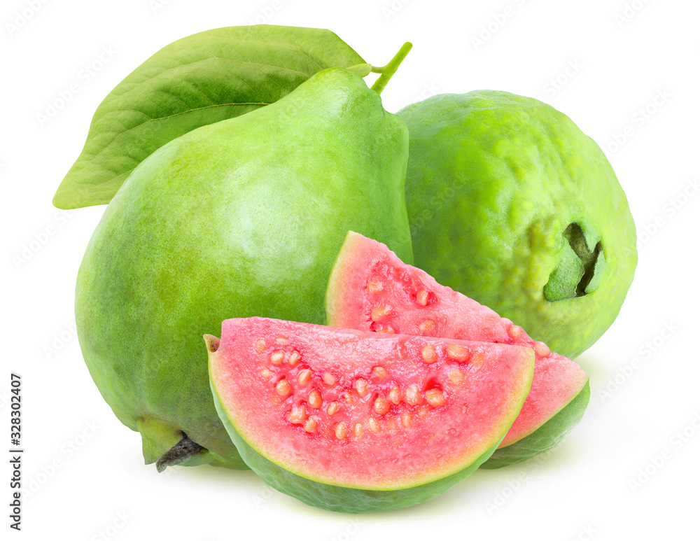 Leinwandbilder isolated guava. two green whole guava fruits and two slices with pink flesh isolated on white backgr