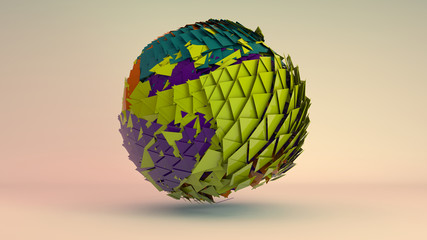 3D rendering of an abstract figure that consists of many colored polygons, elements, and fragments. A sphere torn to pieces in space.