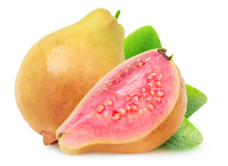 Isolated guava. One whole yellow guava and a half with pink flesh isolated on white background with clipping path