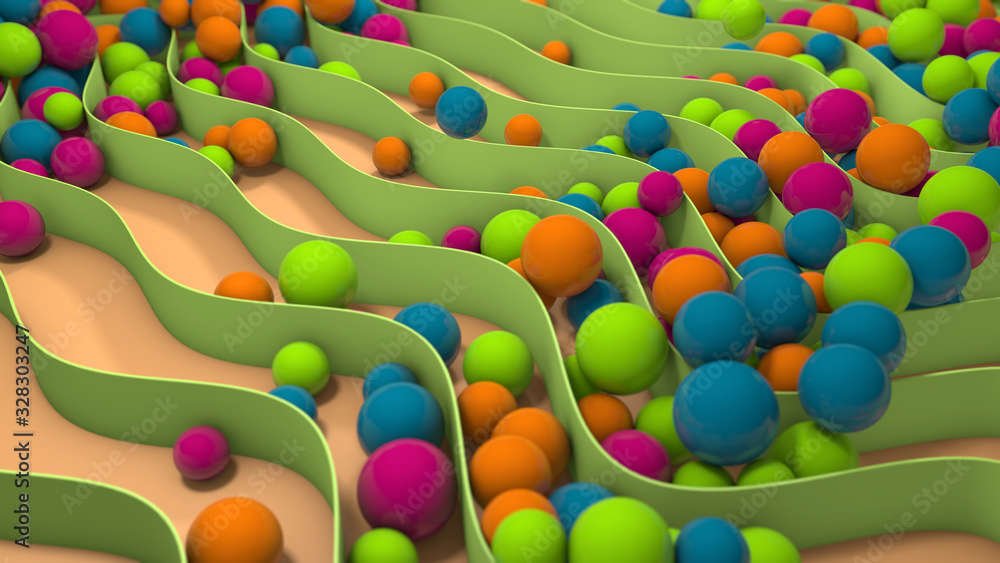Poster 3d rendering of abstract background, elegant design. a lot of green wavy lines and colored balls on 