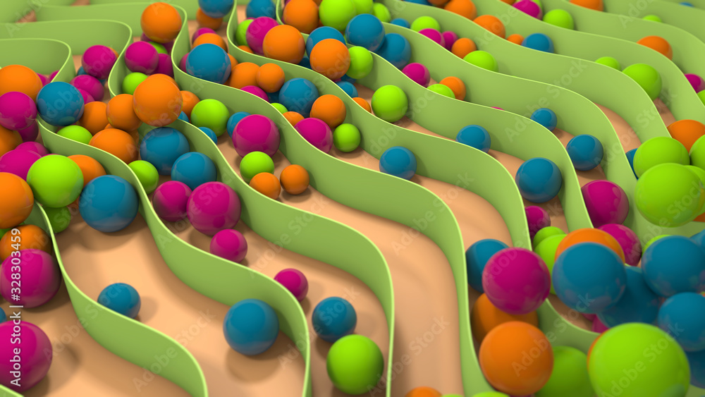 Poster 3d rendering of abstract background, elegant design. a lot of green wavy lines and colored balls on 