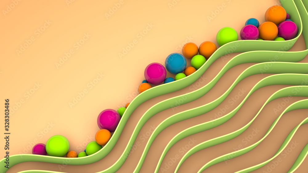 Poster 3d rendering of abstract background, elegant design. a lot of green wavy lines and colored balls on 
