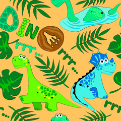 Seamless pattern of dinosaurs. Hand drawn vector illustration. Print design for children’s t-shirts, fabrics, sweatshirts.   Dino-lettering. Diplodocus, Triceratops, palm leaves, cute elements. 