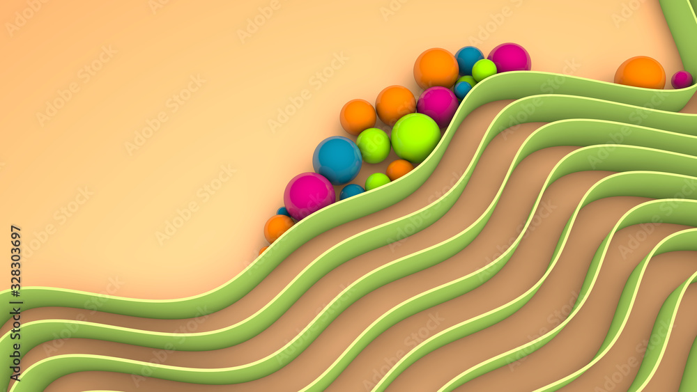 Poster 3d rendering of abstract background, elegant design. a lot of green wavy lines and colored balls on 