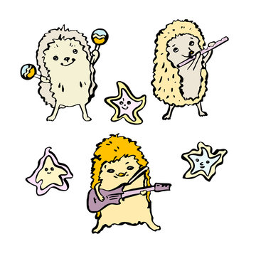 Set of hedgehogs musicians: with an electric guitar,  with a flute, with maracas. And dancing asterisks. Vector illustration in cartoon style. Hand drawn. On white background.