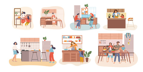 Set of seven kitchen scenes showing people cooking with housewives, kids, young families and couples in different activities, colored vector illustration