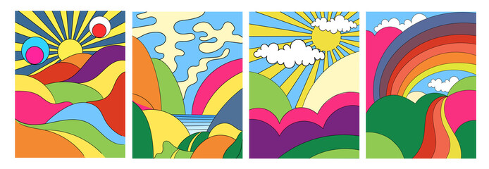 Set of four different modern colorful psychedelic landscapes with stylised mountains, rainbow over countryside, sea and hills, colored vector illustration for posters or covers - obrazy, fototapety, plakaty
