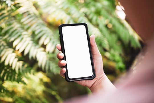 Mockup image of a person holding white blank screen smart phone with blur green nature background. Mock up mobile phone.