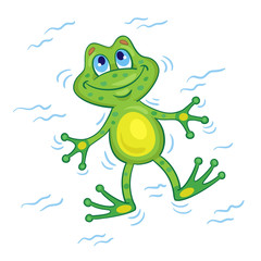 Dreamy frog lies on his back and looks at the sky. In cartoon style. Isolated on white background. Vector illustration.
