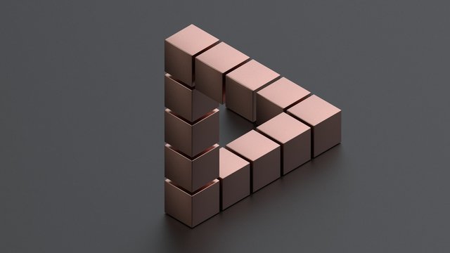 3D rendering of an impossible triangle consisting of pink metal cubes on a matte surface. Riddle, optical illusion, isometric projection..