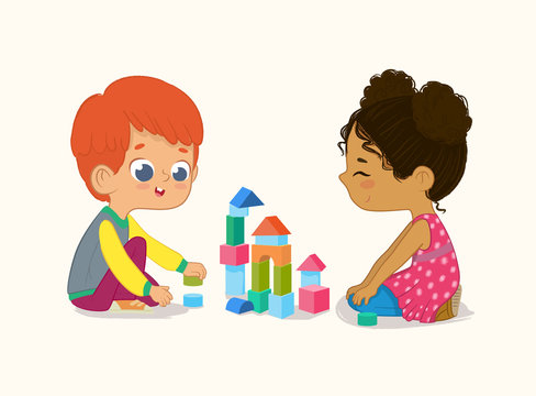 Preschool Red Hair Boy and African American Girl Kids playing with wooden bricks and blocks together in kindergarten room. Vector illustration isolated on white background