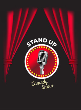 Comedy show theater scene with red curtains vector realistic illustration. Stand up comedy event poster.