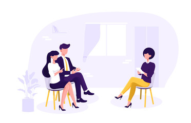 Female family psychologist seated on a stool counselling a young married couple in her office, vector illustration