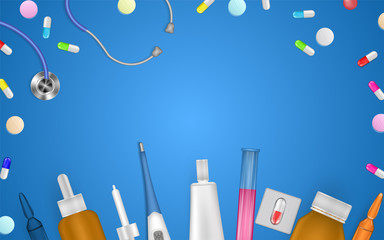 Medical care mockup with stethoscope, pharmacy bottles and pills. Lungs or heart problem diagnosis, typical doctor tools. Nurse or doctor day greeting card with copy space. Hospital event banner.