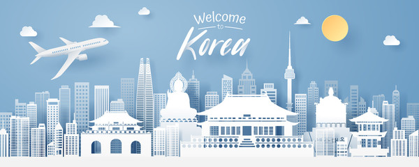 Paper cut of Korea landmark, travel and tourism concept.