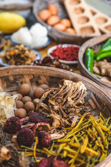 Wonderful ingredients, dried mushrooms in baskets