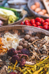 Wonderful ingredients, dried mushrooms in baskets