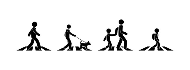pedestrian icon, stick figure man character set isolated silhouettes