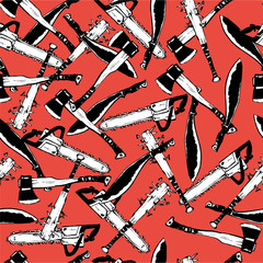 Pattern with bat, ax, chainsaw, machete, zombie theme. Color vector illustration. Can be used for gift wrapping, fabric, poster, print, postcard, wallpaper.