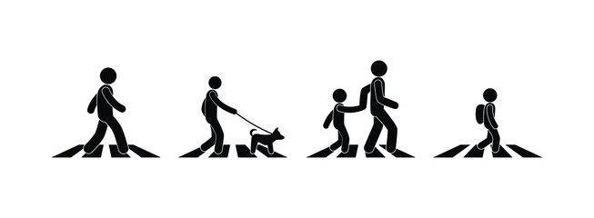 pedestrian icon, stick figure man character set isolated silhouettes