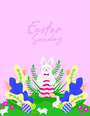 Easter Day vector concept with a rabbit holding an easter egg with a smile near plants
