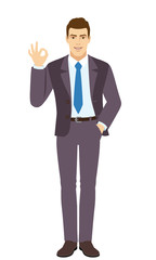 OK! Smiling Businessman show a okay hand sign. Full length portrait of Businessman in a flat style.