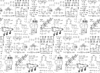 Physical equations and formulas on whiteboard. Vector hand-drawn illustration. Education and scientific seamless pattern.