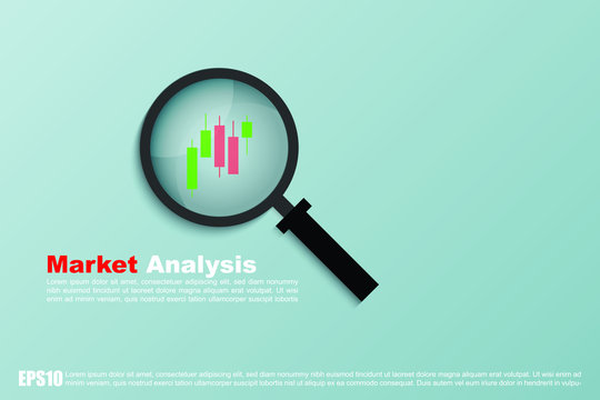 Market Analysis with magnifying glass and trading candlesticks