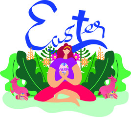 Easter Day vector concept with a female character smiling while holding an Easter egg near the bush and bunnies