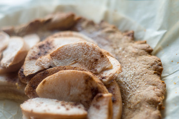 Apple slices in focus. Apple pie. Food background 