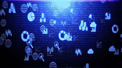 Big Data Icon Set Hovering on The Randoming Numbers Code Background with Blue Lighting ver.1 of 3 (full screen)