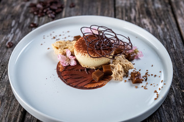 tiramisu with cacao powder and chocolate