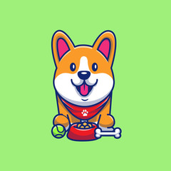 Cute Corgi, Ball And Bone Vector Icon Illustration. Corgi Mascot Cartoon Character. Animal Icon Concept White Isolated. Flat Cartoon Style Suitable for Web Landing Page, Banner, Flyer, Sticker, Card