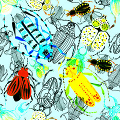Pattern of colored watercolor beetles. Red beetle, blue, stag beetle, bronze. Insects with wings, entomology. Forest beautiful insects with small details. Textiles, wallpaper, stock illustration.