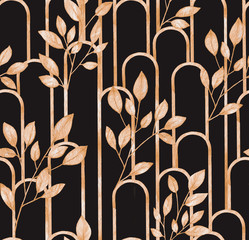 Hand drawn watercolor seamless pattern with leaves and geometry. Gold imitation. 