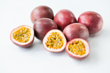 Fresh passion fruits-Passion fruit slices on the white background