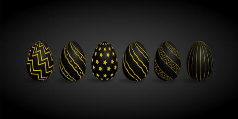 set of black and gold decorated Easter Eggs isolated on dark for use in Easter designs.