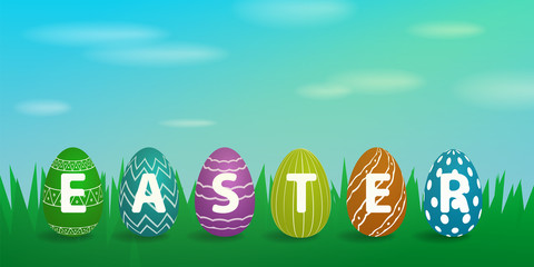 EASTER word on decorated Eggs on green grass for use in designs. Gradient vector illustration.