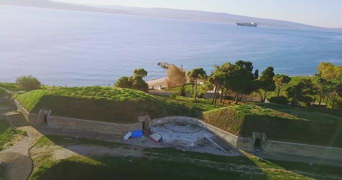 Canakkale redoubts and kilitbahir castle next to bosporus, aerial view, drone shot