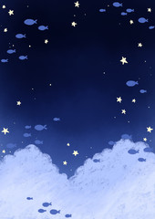 School of fish swimming on the night sky background.