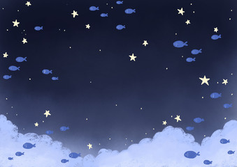 Fototapeta premium School of fish swimming on the night sky background.